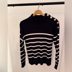 Striped Mock Neck Sweater with Gold Buttons